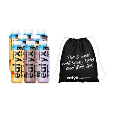 Zestaw posiłków w płynie EATYX Hyperfood Mix smaków Mango, Czekoladowy, Śmietankowo-jagodowy (8 x 300 ml) + Worek EATYX Czarny