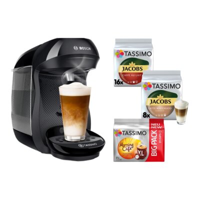 Ekspres BOSCH Tassimo Happy TAS102E Czarny Guiltfree + Kapsułki TASSIMO Jacobs Cafe Au Lait + Jacobs Latte Macchiato Classico + Morning Cafe XL