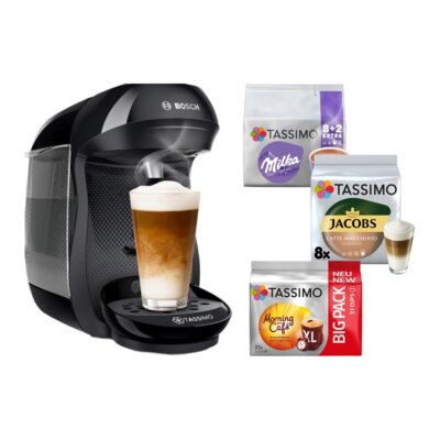 Ekspres BOSCH Tassimo Happy TAS102E Czarny Guiltfree + Kapsułki TASSIMO Jacobs Milka do ekspresu Bosch Tassimo (10 szt.) + Jacobs Latte Macchiato Classico + Morning Cafe XL