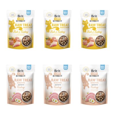 Przysmak dla kota BRIT Raw Treat Cat Hair&Skin Ryba i Indyk 3 x 40 g + Przysmak dla kota BRIT Raw Treat Cat Sensitive Indyk 3 x 40 g