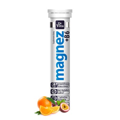 Kompleks witamin i minerałów DR VITA Magnez + B6 Pomarańcza-marakuja (20 tabletek)