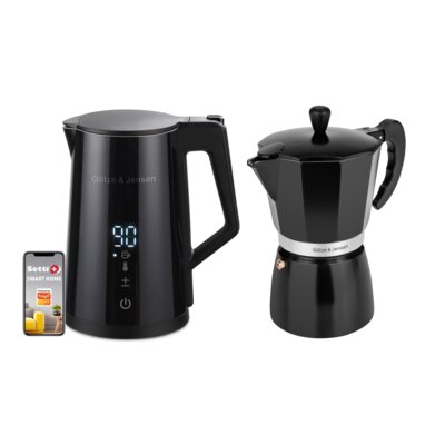 Czajnik inteligentny GÖTZE&JENSEN KT975K by SETTI+ sterowany smartfonem 3000W WiFi z regulacją temperatury Czarny + Kawiarka GÖTZE & JENSEN KA105 300 ml
