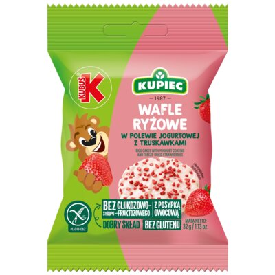 Wafle ryżowe KUPIEC & KUBUŚ w polewie jogurtowej z truskawkami (12 x 32 g)