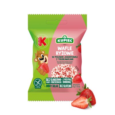 Wafle ryżowe KUPIEC & KUBUŚ w polewie jogurtowej z truskawkami (12 x 32 g)