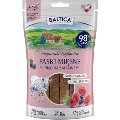 Przysmak dla psa BALTICA Przysmaki Regionów Paski Mięsne Jagnięcina z malinami 90 g