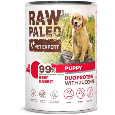 RAW PALEO BEEF&RABBIT PUPPY CAN - mokra karma dla szczeniąt duoproteina wołowina z królikiem puszka 400g