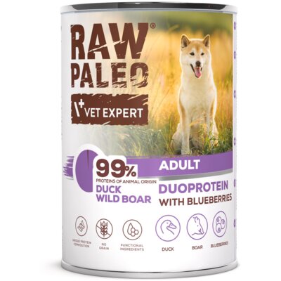 RAW PALEO DUCK&BOAR ADULT CAN - mokra karma dla psów dorosłych duoproteina kaczka z dzikiem puszka 400g