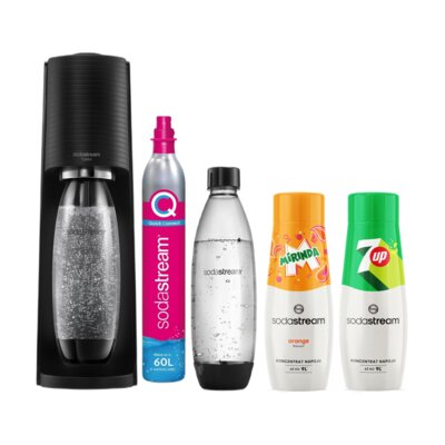 Saturator SODASTREAM Terra Czarny + 2 butelki + Syrop do saturatorów SODASTREAM Mirinda 440 ml + Syrop do saturatorów SODASTREAM 7UP 440 ml