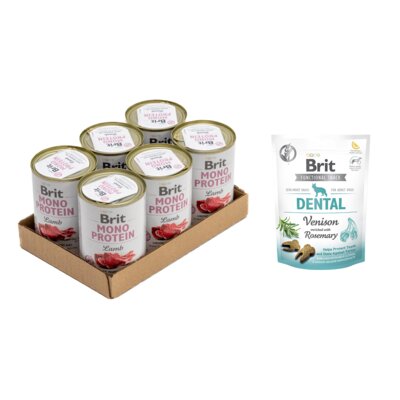 Karma dla psa BRIT Mono Protein Jagnięcina 6 x 400 g + Przysmak dla psa BRIT CARE Functional Snack Dental Venison 150 g