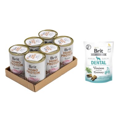 Karma dla psa BRIT Mono Protein Królik 6 x 400 g + Przysmak dla psa BRIT CARE Functional Snack Dental Venison 150 g