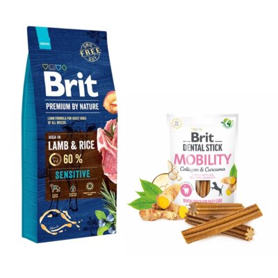 Karma dla psa BRIT Premium By Nature Jagnięcina z ryżem 15 kg + Przysmak dla psa BRIT Dental Stick Mobility Collagen&Curcuma 251 g
