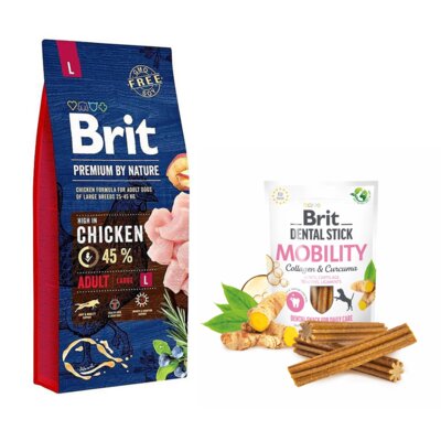 Karma dla psa BRIT Premium By Nature Kurczak 15 kg + Przysmak dla psa BRIT Dental Stick Mobility Collagen&Curcuma 251 g