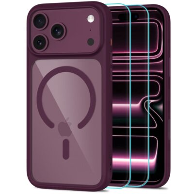 Etui TECH-PROTECT MagOne MagSafe CC do Apple iPhone 17 Pro Max/18 Pro Max Przezroczysto-wiśniowy + szkło hartowane Glass+ (2 szt.)