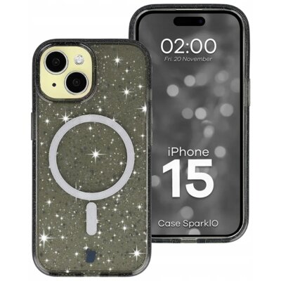 Etui BIZON Case SparklO MagSafe do Apple iPhone 15 Przezroczysto-czarny