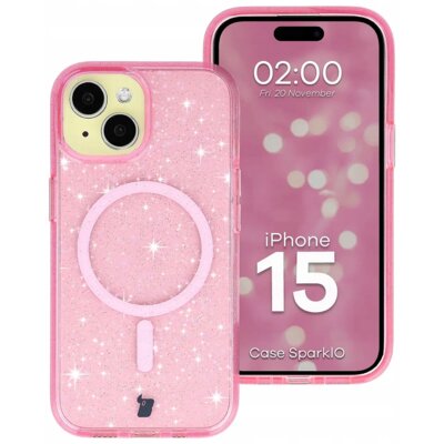 Etui BIZON Case SparklO MagSafe do Apple iPhone 15 Przezroczysto-różowy