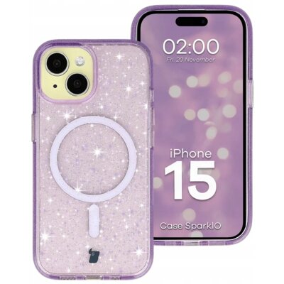 Etui BIZON Case SparklO MagSafe do Apple iPhone 15 Przezroczysto-fioletowy