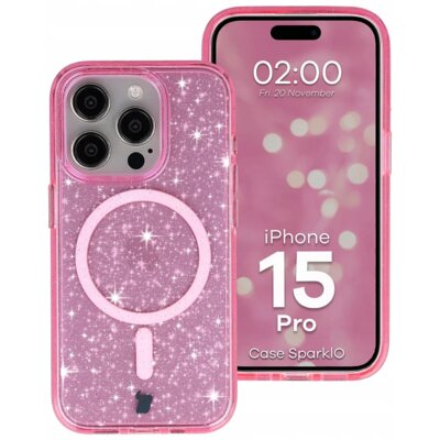 Etui BIZON SparklO MagSafe do Apple iPhone 15 Pro Przezroczysto-różowy