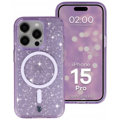 Etui BIZON SparklO MagSafe do Apple iPhone 15 Pro Przezroczysto-fioletowy