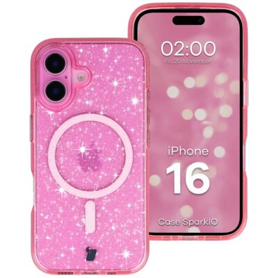 Etui BIZON Case SparklO MagSafe do Apple iPhone 16 Przezroczysto-różowy
