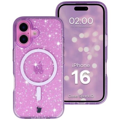 Etui BIZON Case SparklO MagSafe do Apple iPhone 16 Przezroczysto-fioletowy