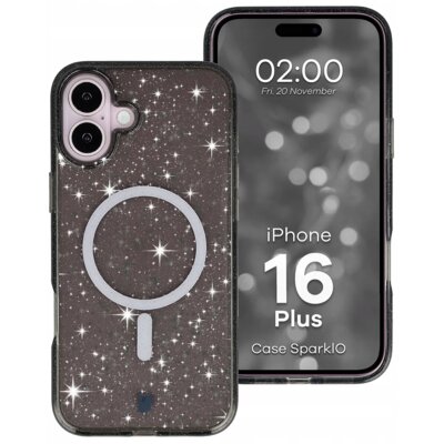 Etui BIZON Case SparklO MagSafe do Apple iPhone 16 Plus Przezroczysto-czarny