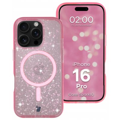 Etui BIZON Case SparklO MagSafe do Apple iPhone 16 Pro Przezroczysto-różowy