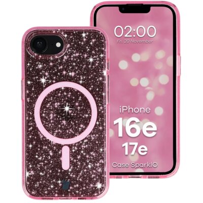 Etui BIZON Case SparklO MagSafe do Apple iPhone 17e/16e Przezroczysto-różowy