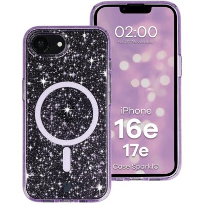 Etui BIZON Case SparklO MagSafe do Apple iPhone 17e/16e Przezroczysto-fioletowy