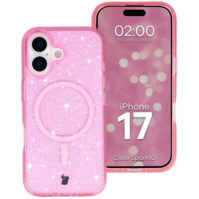 Etui BIZON Case SparklO MagSafe do Apple iPhone 17 Przezroczysto-różowy