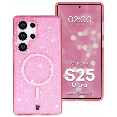 Etui BIZON SparklO MagSafe do Samsung Galaxy S25 Ultra Przezroczysto-różowy