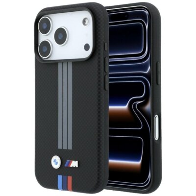 Etui BMW M Quadrille Kevlar Anthracite & Tricolor Print Lines MagSafe do Apple iPhone 17 Pro/18 Pro Czarny