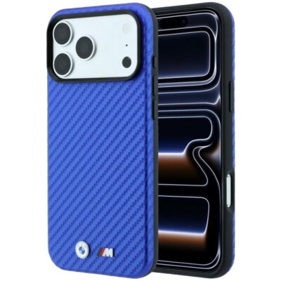 Etui BMW M Carbon Metal Logo MagSafe do Apple iPhone 18 Pro/17 Pro Niebieski