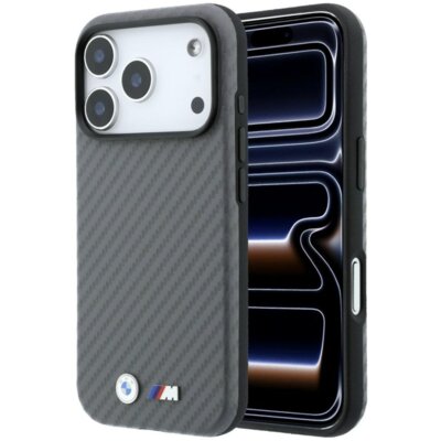 Etui BMW M Carbon Metal Logo MagSafe do Apple iPhone 18 Pro/17 Pro Szary