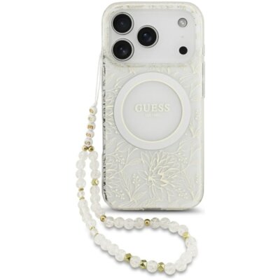 Etui GUESS IML Flowers Allover Electroplated with Pearl Strap MagSafe do Apple iPhone 17 Pro/18 Pro Biały