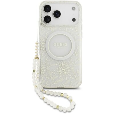 Etui GUESS IML Flowers Allover Electroplated with Pearl Strap MagSafe do Apple iPhone 17 Pro Max/18 Pro Max Biały