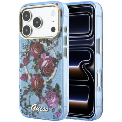Etui GUESS IML Glitter Blossom Roses do Apple iPhone 17 Pro/18 Pro Jasnoniebieski