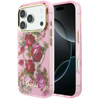 Etui GUESS IML Glitter Blossom Roses MagSafe do Apple iPhone 17 Pro/18 Pro Różowy
