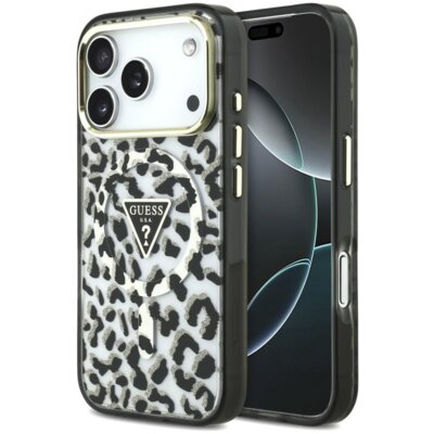 Etui GUESS IML Leopard Glitter Triangle Logo MagSafe do Apple iPhone 17 Pro/18 Pro Czarny