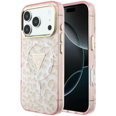Etui GUESS IML Leopard Glitter Triangle Logo MagSafe do Apple iPhone 17 Pro/18 Pro Różowy