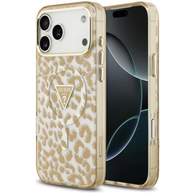 Etui GUESS IML Leopard Glitter Triangle Logo MagSafe do Apple iPhone 17 Pro Max/18 Pro Max Brązowy