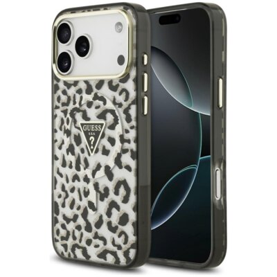 Etui GUESS IML Leopard Glitter Triangle Logo MagSafe do Apple iPhone 17 Pro Max/18 Pro Max Czarny
