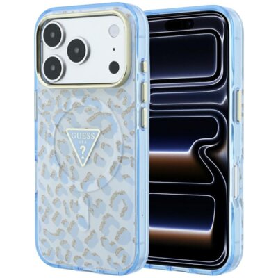 Etui GUESS IML Leopard Glitter Triangle Logo MagSafe do Apple iPhone 17 Pro Max/18 Pro Max Niebieski