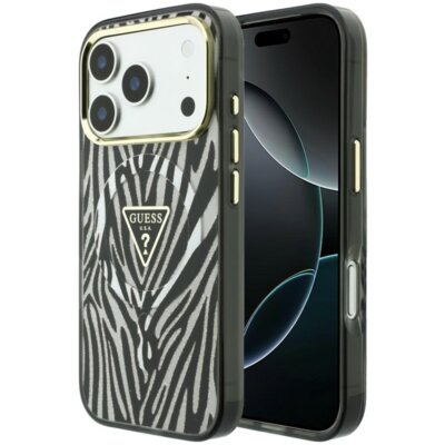 Etui GUESS IML Zebra Glitter Triangle Logo MagSafe do Apple iPhone 17 Pro/18 Pro Srebrny