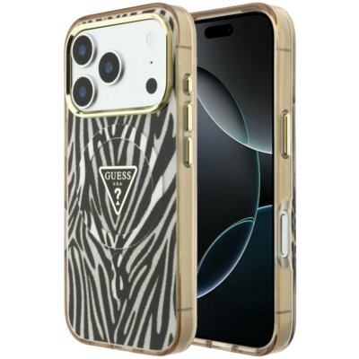 Etui GUESS IML Zebra Glitter Triangle Logo MagSafe do Apple iPhone 17 Pro/18 Pro Złoty