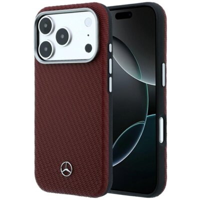 Etui MERCEDES Leather Semi Wrap Wood Effect MagSafe do Apple iPhone 17 Pro Max/18 Pro Max Burgundowy