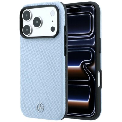 Etui MERCEDES Leather Semi Wrap Wood Effect MagSafe do Apple iPhone 17 Pro/18 Pro Niebieski