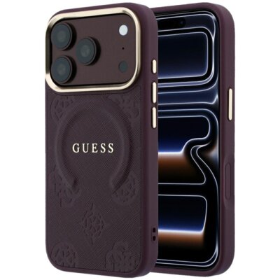 Etui GUESS Saffiano Peony & Ring MagSafe do Apple iPhone 17 Pro/18 Pro Burgundowy