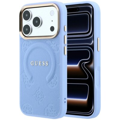 Etui GUESS Saffiano Peony & Ring MagSafe do Apple iPhone 17 Pro/18 Pro Jasnoniebieski