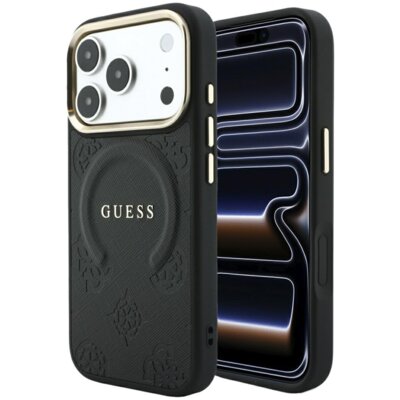 Etui GUESS Saffiano Peony & Ring MagSafe do Apple iPhone 17 Pro/18 Pro Czarny