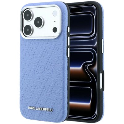 Etui KARL LAGERFELD Grained Allover Logo Metal Elongated MagSafe do Apple iPhone 17 Pro Max/18 Pro Max Niebieski
